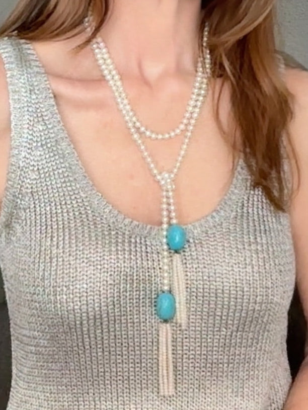 White pearl and polished turquoise lariat necklace