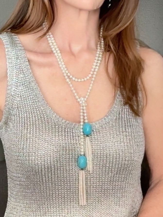 White pearl and polished turquoise lariat necklace