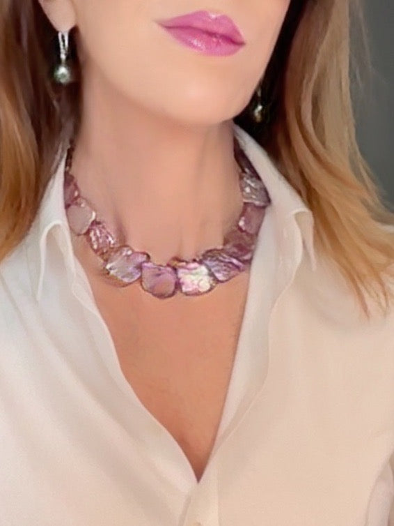 Pink and purple-hued square baroque pearl necklace