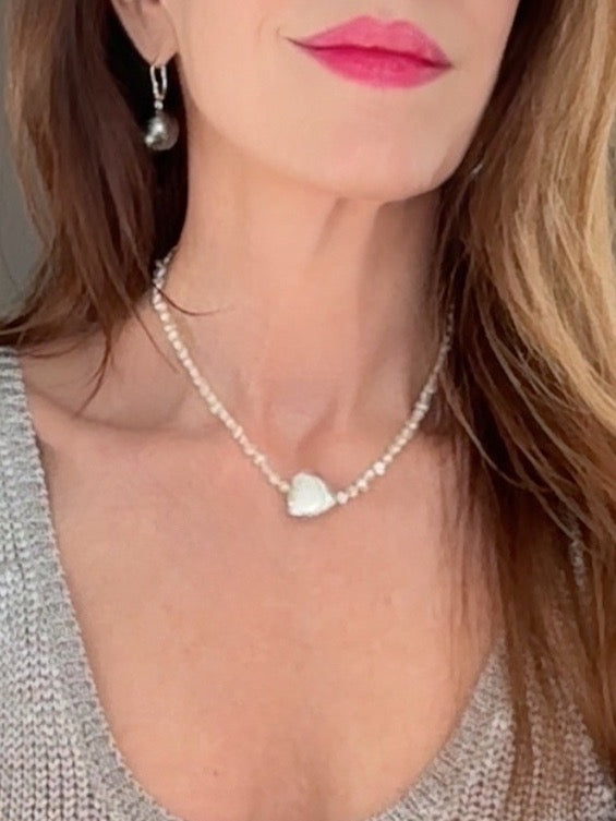 Medium silver heart and white pearl necklace