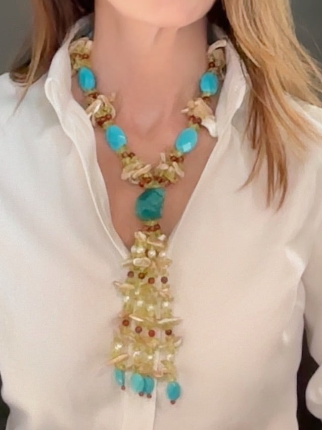 Y-shaped pearl, shell and turquoise bead necklace