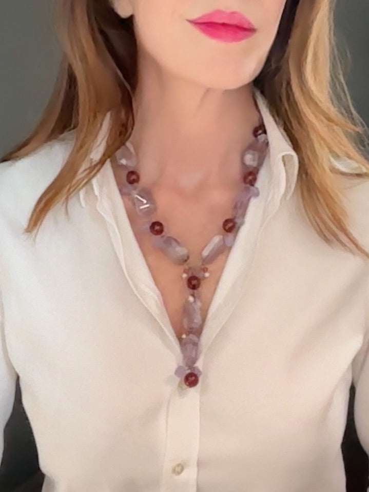 Y-shaped amethyst and pearl necklace