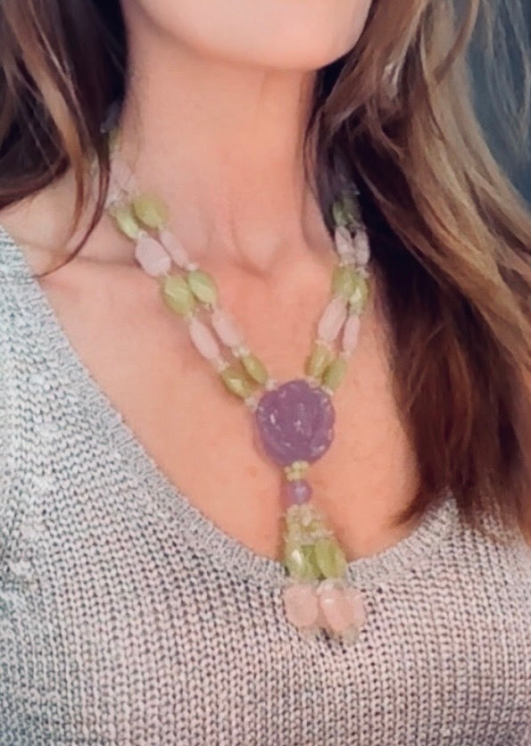 Y-shaped lavender disc and gemstone necklace