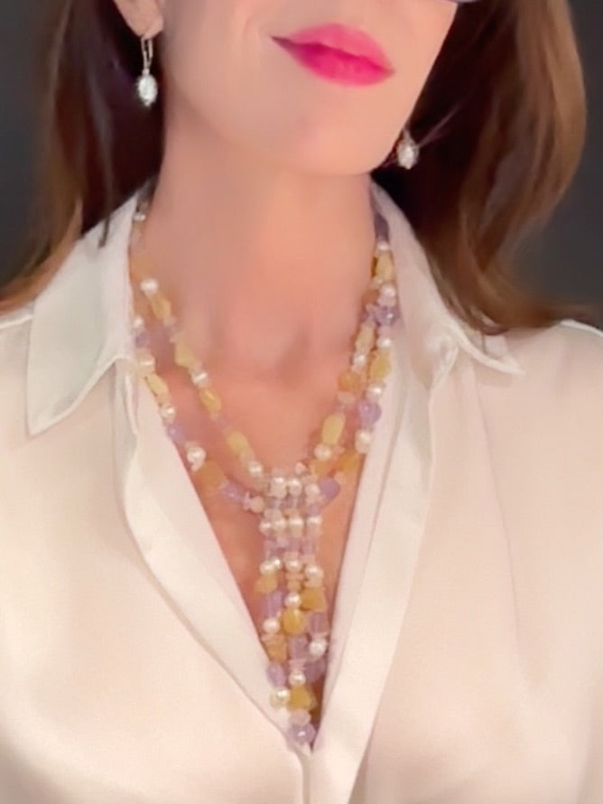 Y-shaped pearl and chalcedony necklace