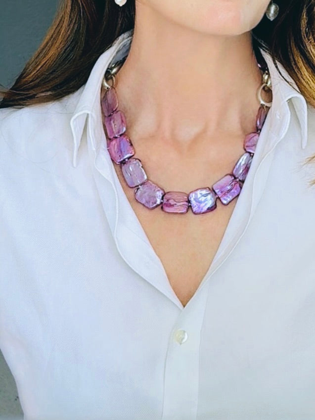 Large pink-hued square baroque pearl necklace