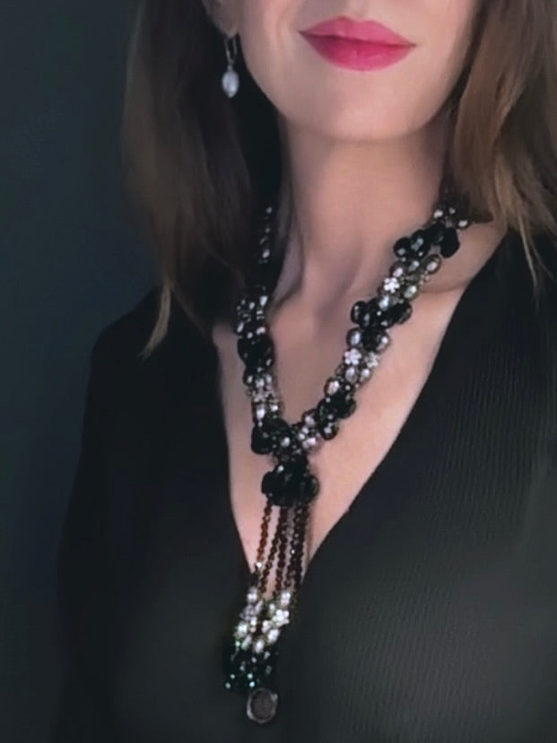 Multi-stranded y-shaped pearl and black onyx necklace