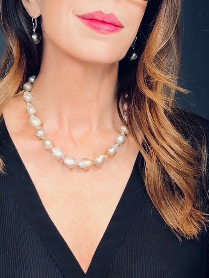 Silvery white pink-hued baroque pearl necklace