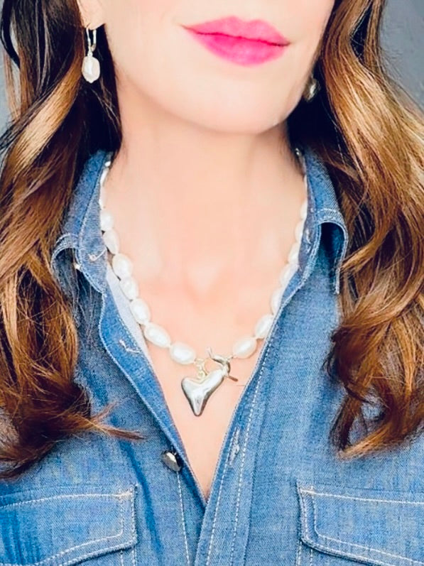 White baroque pearl and silver heart charm necklace