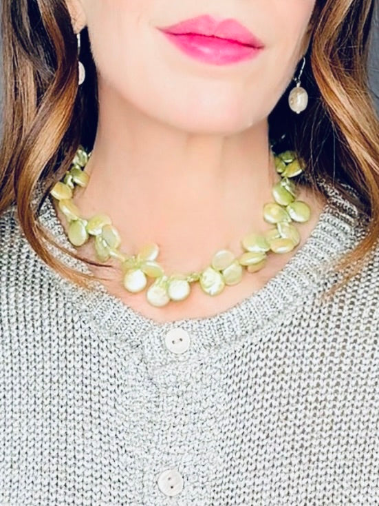 Lime green baroque coin pearl necklace