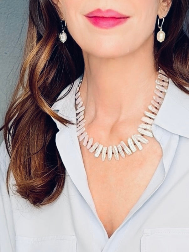White stick pearl and garnet necklace