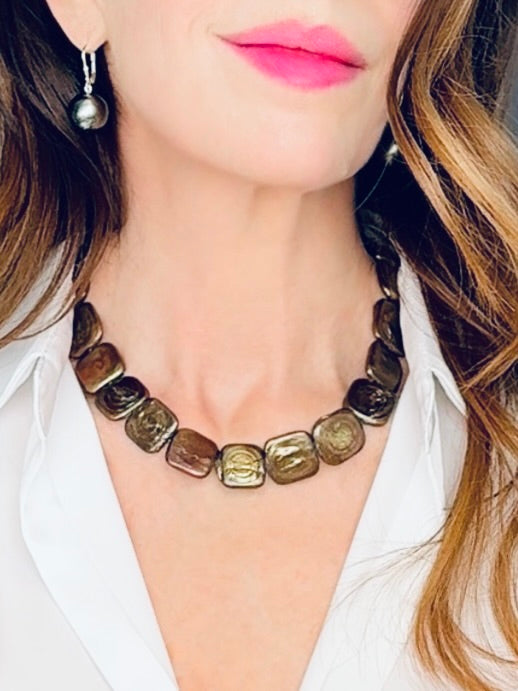 Large bronze-hued square baroque pearl necklace