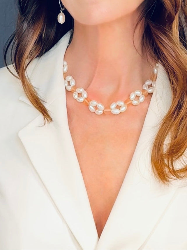 White pearl and orange resin bead necklace