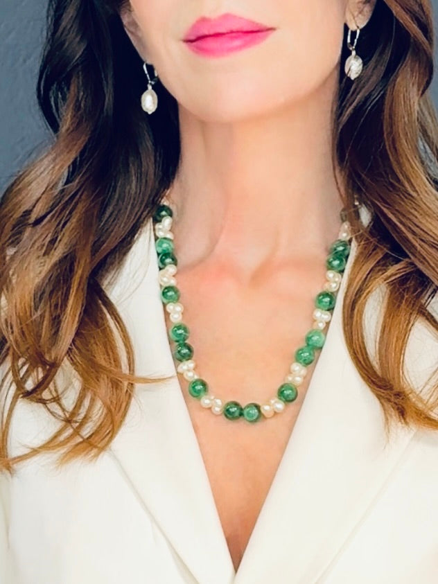 White pearl and jade green necklace