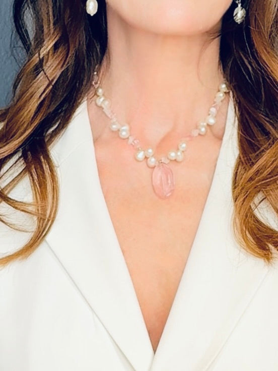 White pearl and pink quartz drop necklace