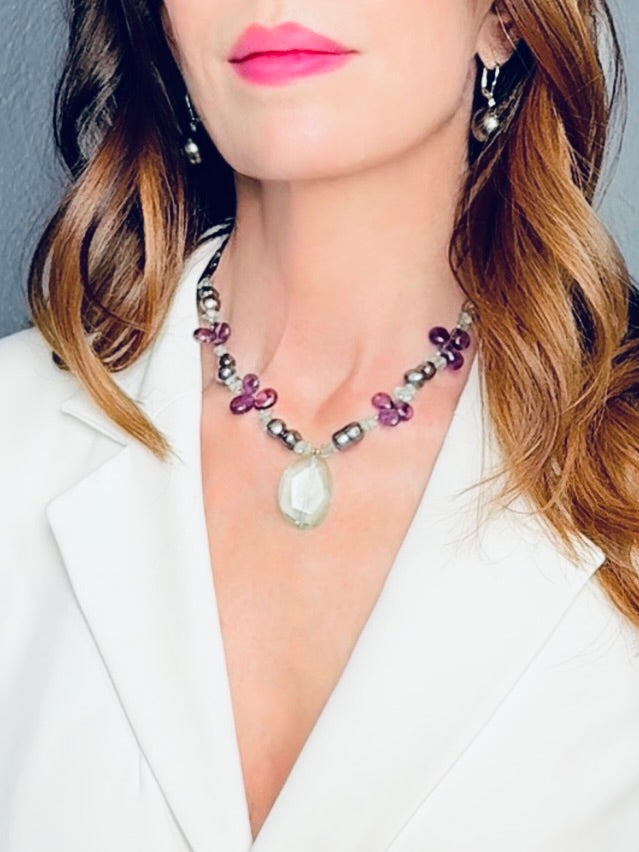Peacock-hued pearl and pale blue quartz drop necklace