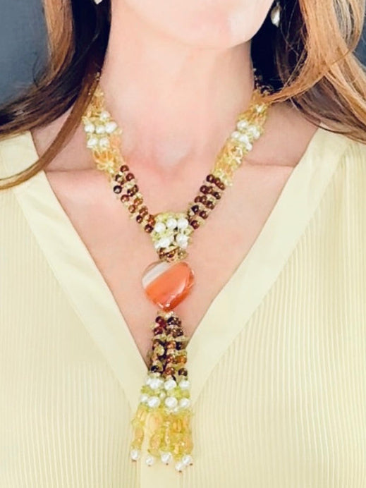 Pearl, orange agate and gemstone y-shaped necklace
