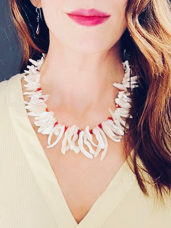 White shell and red coral necklace