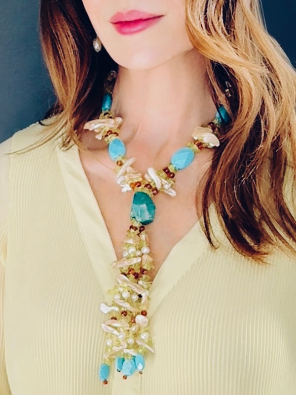 Y-shaped pearl, shell and turquoise bead necklace