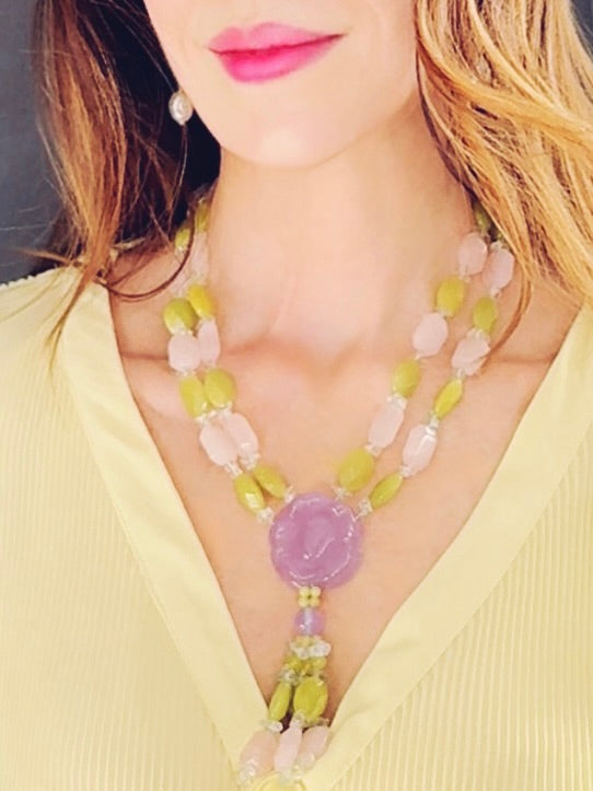 Y-shaped lavender disc and gemstone necklace