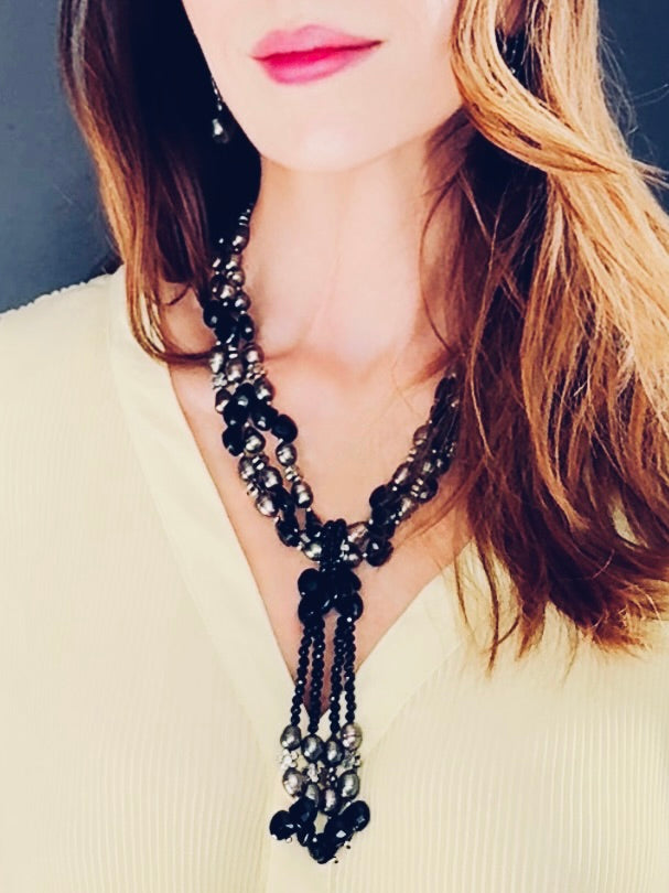 Multi-stranded y-shaped pearl and black onyx necklace