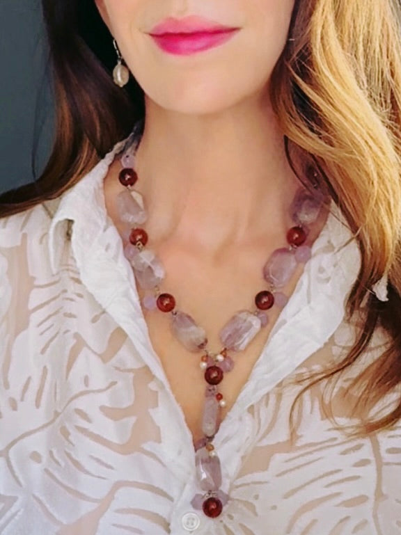 Y-shaped amethyst and pearl necklace