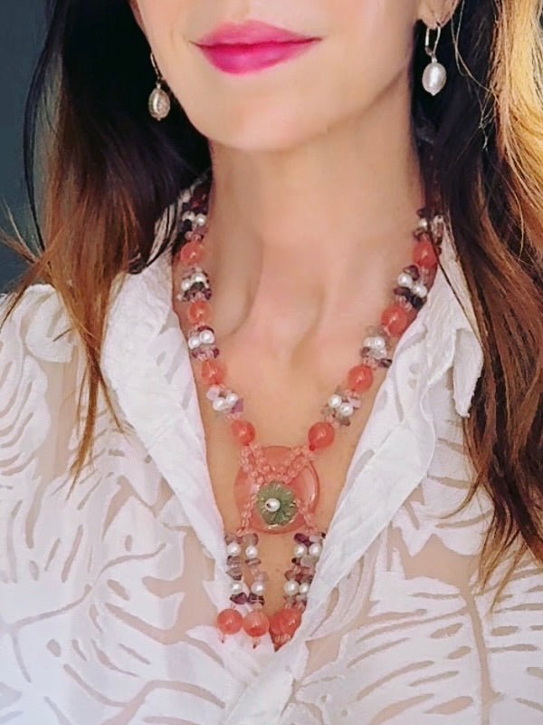 Y-shaped pearl and orange-hued gemstone necklace