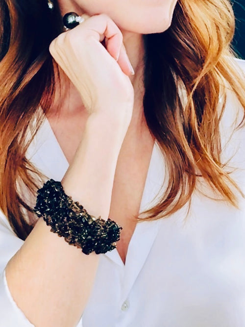Black quartz stretch cuff bracelet