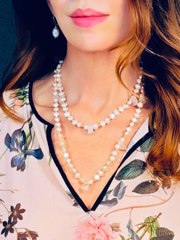 Continuous-strand pale pink freshwater pearl and quartz nugget necklace