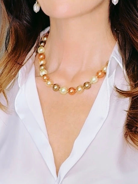 Bronze, golden, copper and pale green (11-12mm) shell pearl necklace